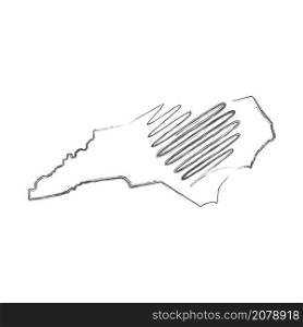 North Carolina US state hand drawn pencil sketch outline map with heart shape. Continuous line drawing of patriotic home sign. A love for a small homeland. T-shirt print idea. Vector illustration.. North Carolina US state hand drawn pencil sketch outline map with the handwritten heart shape. Vector illustration