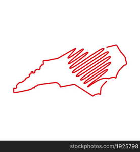 North Carolina US state red outline map with the handwritten heart shape. Continuous line drawing of patriotic home sign. A love for a small homeland. T-shirt print idea. Vector illustration.. North Carolina US state red outline map with the handwritten heart shape. Vector illustration