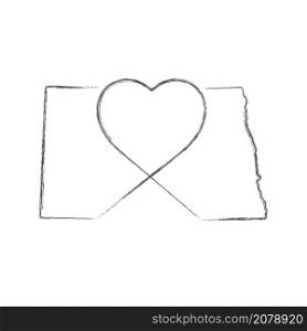 North Dakota US state hand drawn pencil sketch outline map with heart shape. Continuous line drawing of patriotic home sign. A love for a small homeland. T-shirt print idea. Vector illustration.. North Dakota US state hand drawn pencil sketch outline map with the handwritten heart shape. Vector illustration