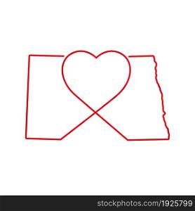 North Dakota US state red outline map with the handwritten heart shape. Continuous line drawing of patriotic home sign. A love for a small homeland. T-shirt print idea. Vector illustration.. North Dakota US state red outline map with the handwritten heart shape. Vector illustration