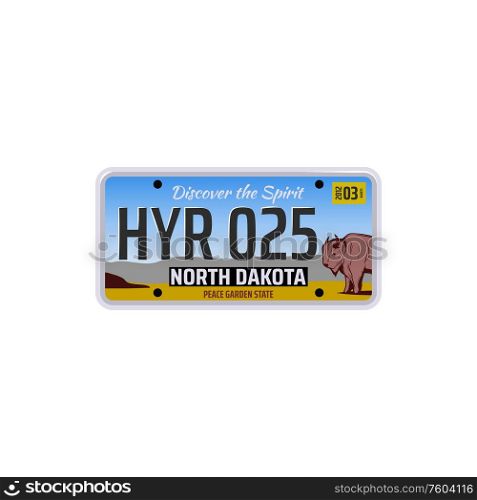 North Dakota vehicle registration plate isolated car license number. Vector USA state numberplate. Car license plate number of North Dakota state