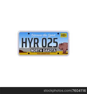 North Dakota vehicle registration plate isolated car license number. Vector USA state numberplate. Car license plate number of North Dakota state