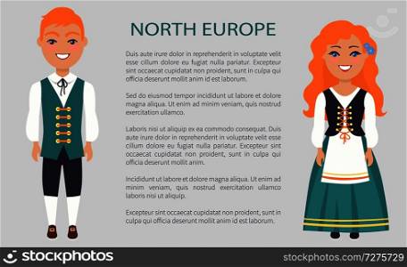 North europe, people representing customs and traditions of their country, national costumes on vector international day poster ethnic people with text. North Europe People, Customs Vector Illustration