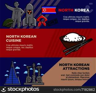 North Korean cuisine and attractions promotional posters set. Welcome to Korea commercial banners. Modern architecture, nuclear bomb, concrete monument and natural rice vector illustrations.. North Korean cuisine and attractions promotional posters set