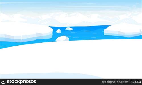 North pole flat vector illustration. Antarctic landscape. Northern sea with iceberg. Panoramic snowy land with ocean. Polar cold scene. Nordic surface. Frost fjord. Alaska. Arctic cartoon background