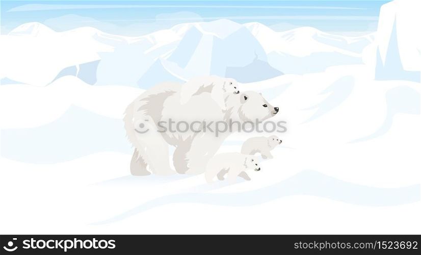 North pole flat vector illustration. Antarctic landscape with polar bear family. Snow desert, panoramic white land. Polar animals. Wild environment. Arctic creature cartoon wallpaper