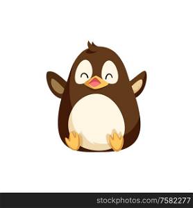 North pole funny penguin sitting on bottom and merrily laughing. Funny winter cartoon character in good mood, vector isolated polar bird, cute toy. North Pole Penguin Sitting on Bottom and Laughing