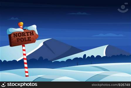 North pole road sign. Snowy background with snow trees night woods wonderland winter holidays vector cartoon illustration. North pole road snow, christmas holiday winter. North pole road sign. Snowy background with snow trees night woods wonderland winter holidays vector cartoon illustration
