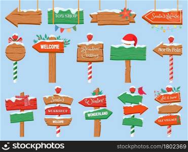 North pole signs. Christmas wooden street signboad with snow. Arrow signpost direction Santa. Winter holiday toy shop vector set. Signboard and signpost, snowy board for merry christmas illustration. North pole signs. Christmas wooden street signboad with snow. Arrow signpost direction to Santa workshop. Winter holiday toy shop vector set