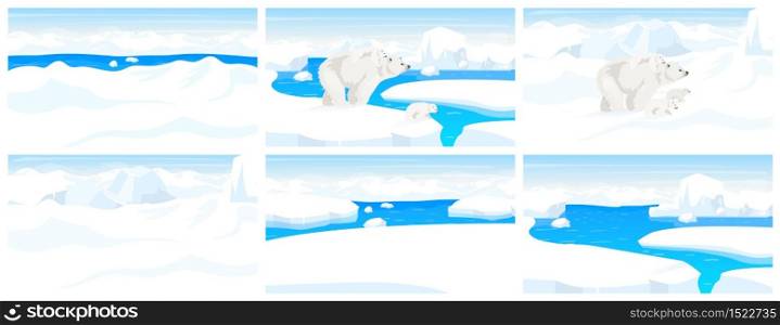 North pole wildlife flat vector illustration. Arctic landscape. Snow panoramic scene. White adult bear walking with cubs on winter hills. Iceberg edges. Marine mammal cartoon wallpaper