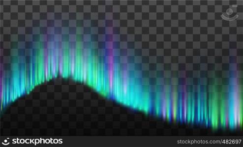 Northern Aurora Lights Strips Borealis Vector. Realistic Bright Colorful Composition Lights Magnetosphere Caused By Solar Wind Isolated On Transparency Grid Background. 3d Illustration. Northern Aurora Lights Strips Borealis Vector