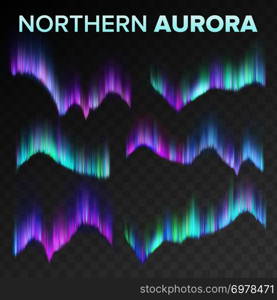 Northern Aurora Set Vector. Polar Sky Night Shiny Magical Phenomenon. Black Transparent Background. Abstract Aurora Borealis North Atmosphere Lights. Realistic Illustration. Northern Aurora Set Vector. Polar Sky Night Shiny Magical Phenomenon. Black Transparent Background. Abstract Aurora Borealis North Mystery Atmosphere Lights. Realistic Illustration