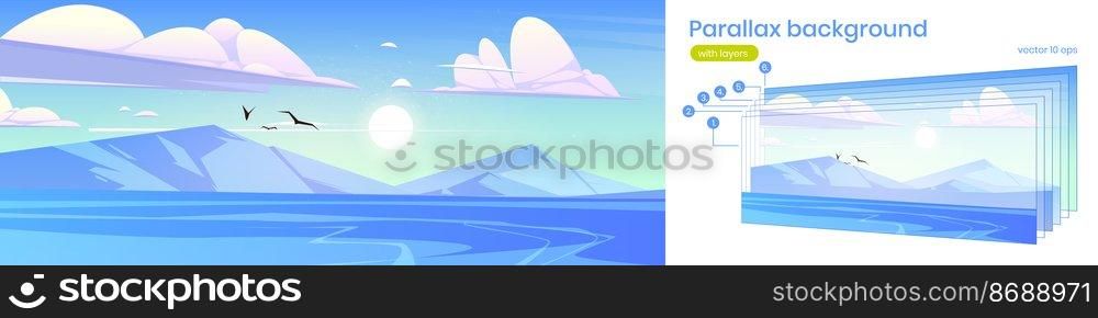 Northern landscape with sea and mountains on horizon. Vector parallax background with layers for animation with cartoon illustration of lake with blue water, white rocks, flying birds and sun in sky. Parallax background with sea and mountains
