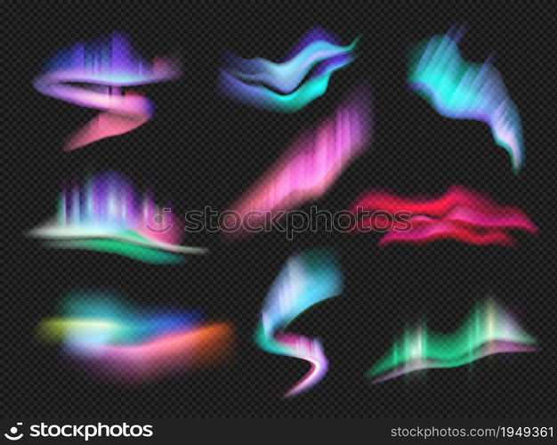 Northern light effects. Beauty weather space gradient in sky lighting night aurora vector set. North light bright gradient, polar night illustration. Northern light effects. Beauty weather space gradient in sky lighting night aurora vector set