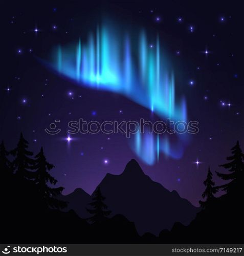 Northern lights. Isolated aurora borealis, bright stripes in night sky. Aurora blue vector winter radiance panorama with stars background. Northern lights. Isolated aurora borealis, bright stripes in night sky. Aurora blue vector background