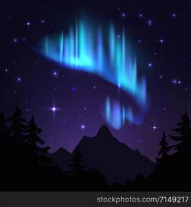 Northern lights. Isolated aurora borealis, bright stripes in night sky. Aurora blue vector winter radiance panorama with stars background. Northern lights. Isolated aurora borealis, bright stripes in night sky. Aurora blue vector background