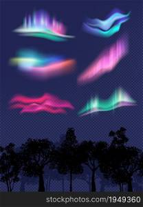 Northern lights. Realistic glowing effects in sky weather effects in night vector templates. Illustration northern night light, galaxy magical luminescence. Northern lights. Realistic glowing effects in sky weather effects in night vector templates