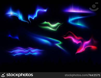 Northern lights realistic set of polar phenomenon with different shapes and colors vector illustration . Northern Lights Realistic Set
