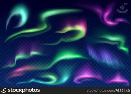 Northern, polar and aurora borealis vector lights on transparent background. Realistic 3d auroras with bright glowing swirls of green, purple and blue northern or polar lights, Arctic luminescence. Northern, polar and aurora borealis lights