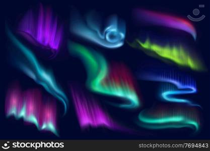 Northern polar aurora borealis lights, vector Arctic natural phenomena isolated on dark background. Amazing iridescent glowing wavy illumination on night sky. Realistic 3d shining aurora borealis set. Northern polar aurora borealis lights, vector set
