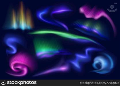 Northern polar lights. Aurora borealis glow in night sky, solar wind natural phenomenon vector luminescence light stripes and curls. Space ionization in northern regions of Scandinavia and Canada. Northern polar light, aurora borealis glow set