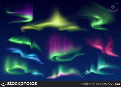 Northern polar lights, aurora borealis vector glow. Arctic natural phenomena, amazing iridescent glowing illumination on night sky. Realistic 3d shining aurora set isolated on transparent background. Northern polar lights, aurora borealis vector glow