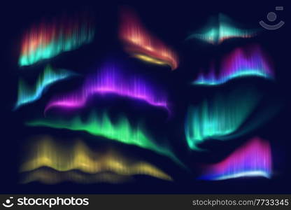 Northern polar lights of vector aurora borealis glow on dark background of night sky. Green, purple and yellow shining waves or swirls of Arctic, Nordic and Scandinavian natural luminescence. Northern polar lights, vector aurora borealis glow