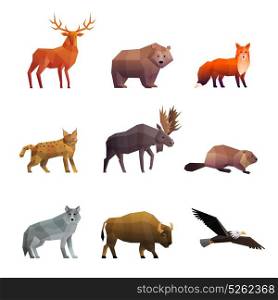 Northern Wild Animals Polygonal Icons Set . Wild northern animals 3d colorful polygonal icons set with wolf fox bear and eagle isolated vector illustration