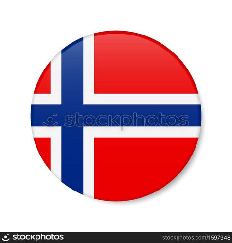 Norway circle button icon. Norwegian round badge flag with shadow. 3D realistic vector illustration isolated on white.. Norway circle button icon. Norwegian round badge flag. 3D realistic isolated vector illustration