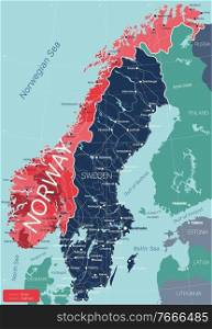 Norway country detailed editable map with regions cities and towns, roads and railways, geographic sites. Vector EPS-10 file. Norway country detailed editable map