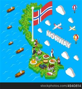 Norway Map Touristic Symbols Isometric Poster. Norwegian isometric map with cultural symbol sand popular seafood meals sightseeing touristic poster abstract vector illustration