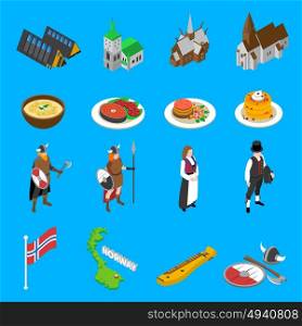 Norway Touristic Attractions Isometric Icons Collection . Norway tourists attractions with national flag cultural symbols and food isometric icons set abstract vector isolated illustration