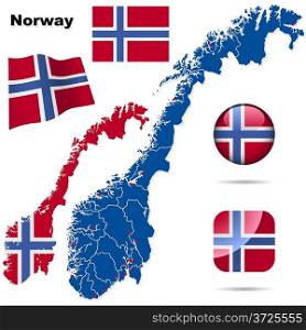 Norway vector set. Detailed country shape with region borders, flags and icons isolated on white background.