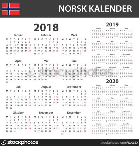 Norwegian Calendar for 2018, 2019 and 2020. Scheduler, agenda or diary template. Week starts on Monday