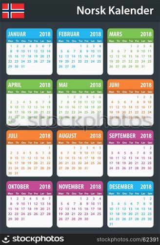 Norwegian Calendar for 2018. Scheduler, agenda or diary template. Week starts on Monday