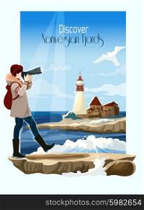 Norwegian fjord seascape poster with lighthouse on background vector illustration. Seascape Background Illustration