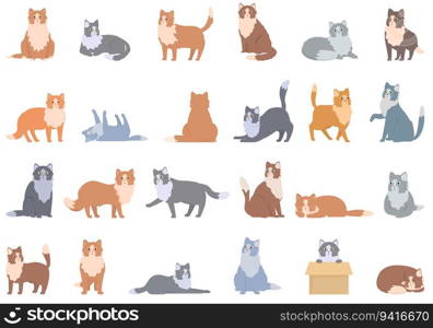 Norwegian Forest Cat icons set cartoon vector. Domestic animal. Pet hair. Norwegian Forest Cat icons set cartoon vector. Domestic animal