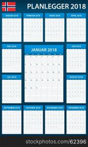 Norwegian Planner blank for 2018. Scheduler, agenda or diary template. Week starts on Monday