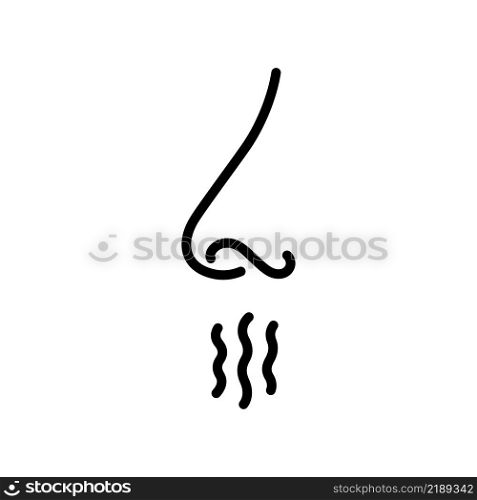 Nose and breath icon. Nasal breathing. Human organ of smell. Unpleasant smell. Nose inhales fragrance outline icon. Vector illustration in line style on white background. Editable stroke.. Nose and breath icon. Nasal breathing. Human organ of smell. Unpleasant smell. Nose inhales fragrance outline icon. Vector illustration in line style on white background. Editable stroke