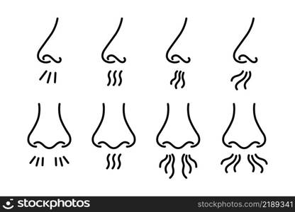 Nose and breath icon. Nasal breathing. Human organ of smell. Unpleasant smell. Nose inhales fragrance. Set of outline icons. Vector illustration in line style on white background. Editable stroke.. Nose and breath icon. Nasal breathing. Human organ of smell. Unpleasant smell. Nose inhales fragrance. Set of outline icons. Vector illustration in line style on white background. Editable stroke