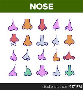 Nose Human Face Organ Collection Icons Set Vector Thin Line. Nose Anatomy Body Part In Different Form, Allergic Sick Nasal Concept Linear Pictograms. Color Contour Illustrations. Nose Human Face Organ Collection Icons Set Vector