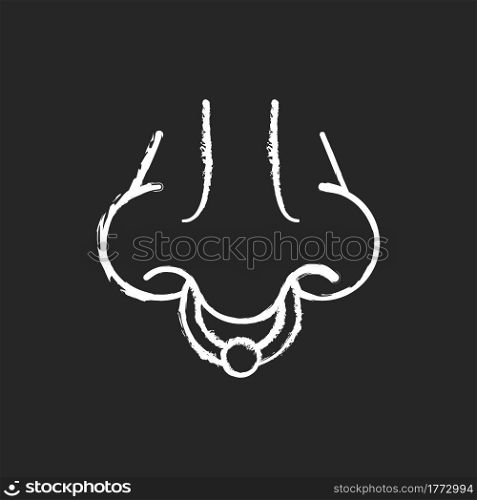 Nose piercing chalk white icon on dark background. Procedure to inject jewellery into nostrils. Beautiful accessories from valuable materials. Isolated vector chalkboard illustration on black. Nose piercing chalk white icon on dark background