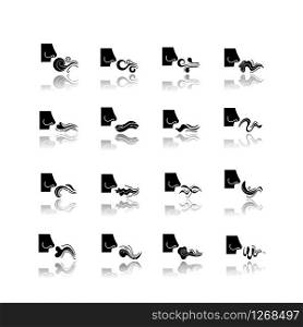 Nose smelling scent drop shadow black glyph icons set. Good and bad odor. Evaporation flow. Fluid, perfume nice odour. Aromatic fragrance. Fume swirls. Isolated vector illustrations on white space