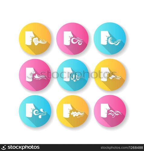 Nose smelling scent flat design long shadow glyph icons set. Person sniffing good and bad odor. Evaporation flow. Perfume odour. Aromatic fragrance. Fume swirls. Silhouette RGB color illustration