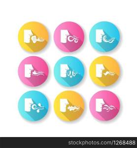 Nose smelling scent flat design long shadow glyph icons set. Person sniffing good and bad odor. Evaporation flow. Perfume odour. Aromatic fragrance. Fume swirls. Silhouette RGB color illustration