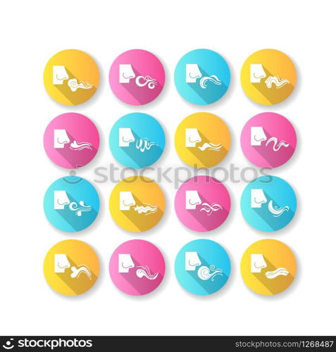 Nose smelling scent flat design long shadow glyph icons set. Good and bad odor. Evaporation flow. Fluid, perfume nice odour. Aromatic fragrance. Fume swirls. Silhouette RGB color illustration