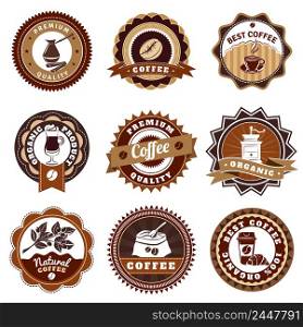 Nostalgic best quality premium coffee emblems labels collection for sale vintage brown abstract isolated vector illustration. Coffe Emblems Labels Set Brown