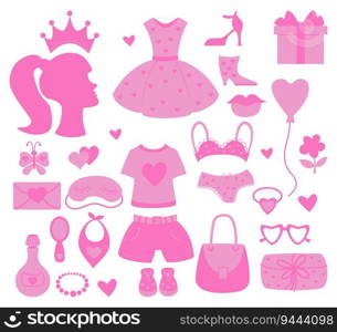 Nostalgic pink barbiecore collection. Vector illustration. Isolated Glamorous elements accessories for girl princess for design National Barbie Day March 9 