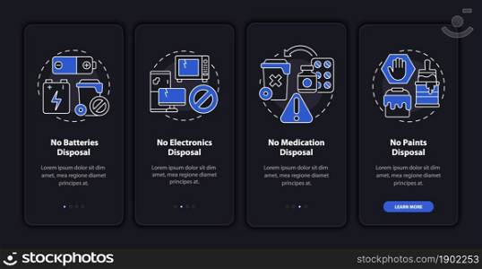 Not accepted rubbish dark onboarding mobile app page screen. Walkthrough 4 steps graphic instructions with concepts. UI, UX, GUI vector template with linear night mode illustrations. Not accepted rubbish dark onboarding mobile app page screen