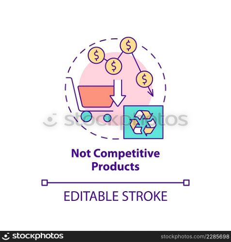 Not competitive products concept icon. Circular economy obstacle abstract idea thin line illustration. Green business. Isolated outline drawing. Editable stroke. Arial, Myriad Pro-Bold fonts used. Not competitive products concept icon